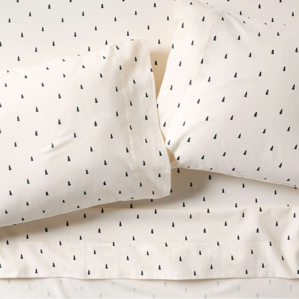 New! Crate&Barrel Cozysoft Organic Flannel Spruce Green Trees Bed Sheet Set KING